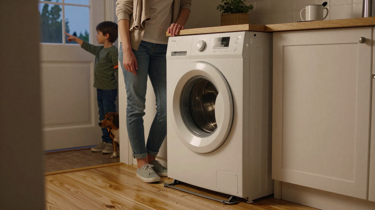 Pessoa adulta ao lado de máquina de lavar roupa branca em cozinha, com criança e cachorro próximo à porta.
