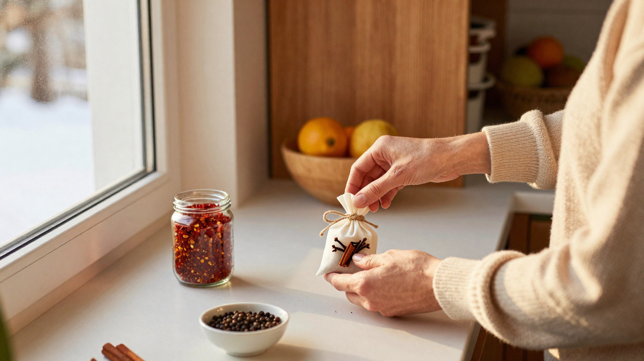 Mãos segurando saquinho decorativo com paus de canela próximo a pote de pimenta e vidro de tempero na cozinha.