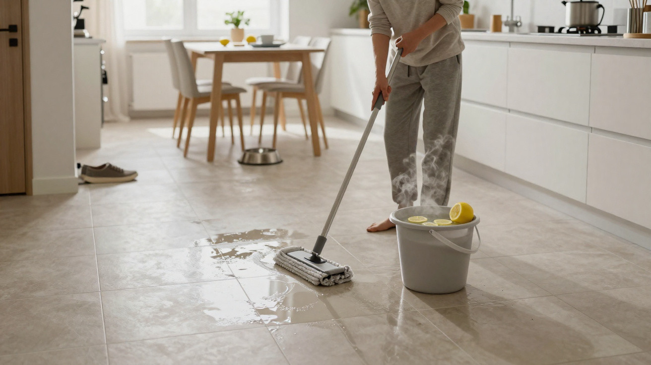 Pessoa limpando o chão da cozinha com um esfregão úmido e balde com água e limões.