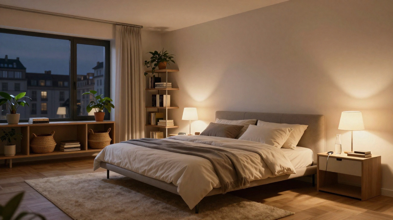 Quarto acolhedor com cama de casal, abajures acesos, plantas, estante de livros e janela grande.