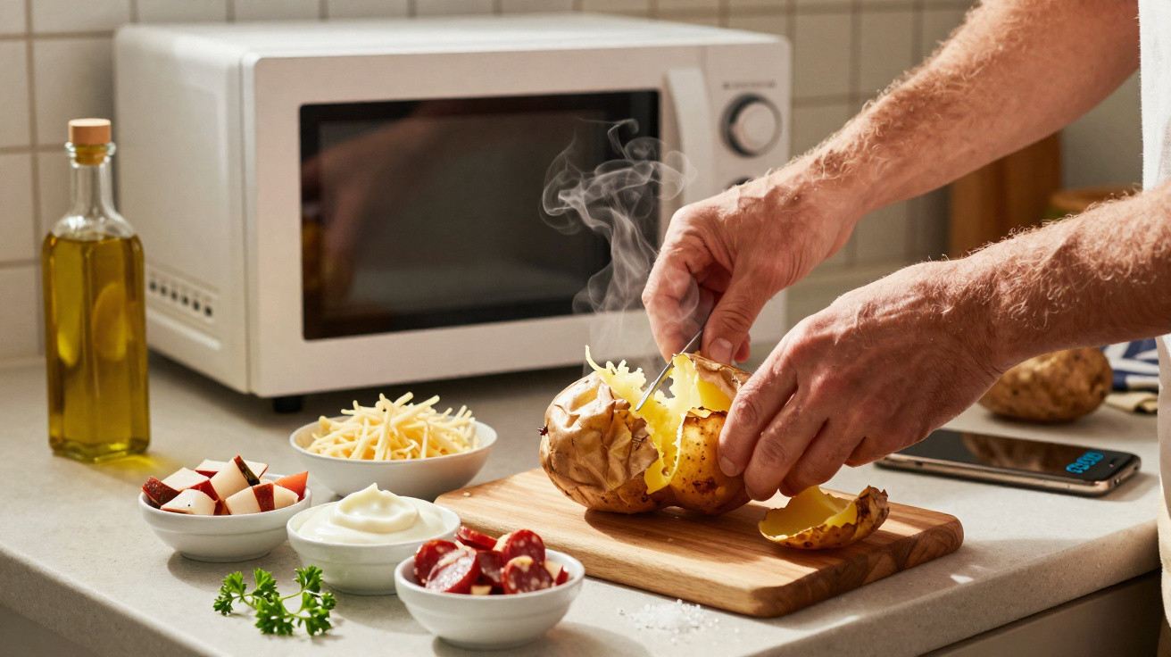 Mãos abrindo batata assada quente com ingredientes para recheio e micro-ondas ao fundo na cozinha.