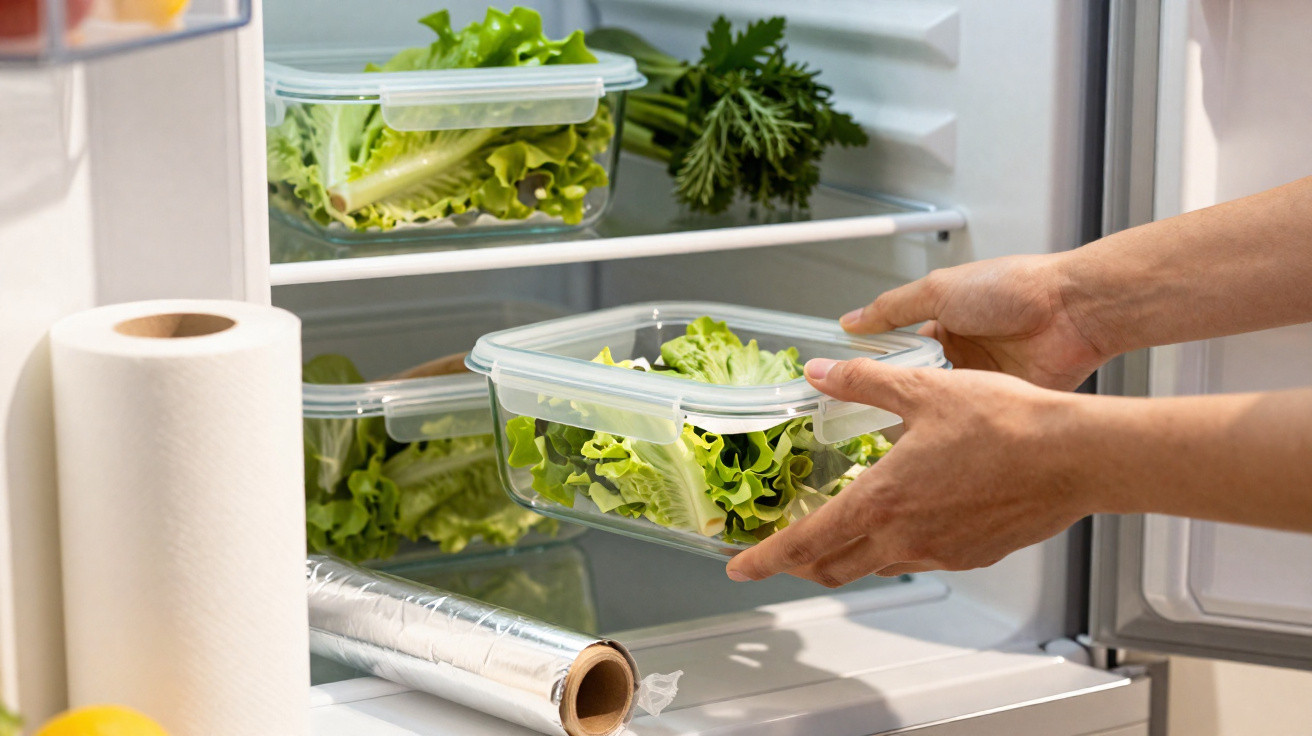 Mãos guardando salada fresca em pote plástico transparente dentro da geladeira doméstica.