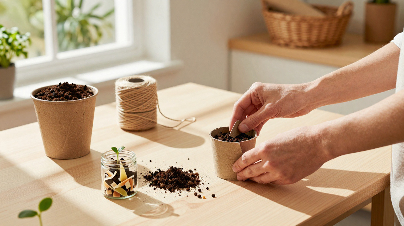 Mãos plantando uma semente em vaso pequeno com terra sobre mesa de madeira clara perto de janela.