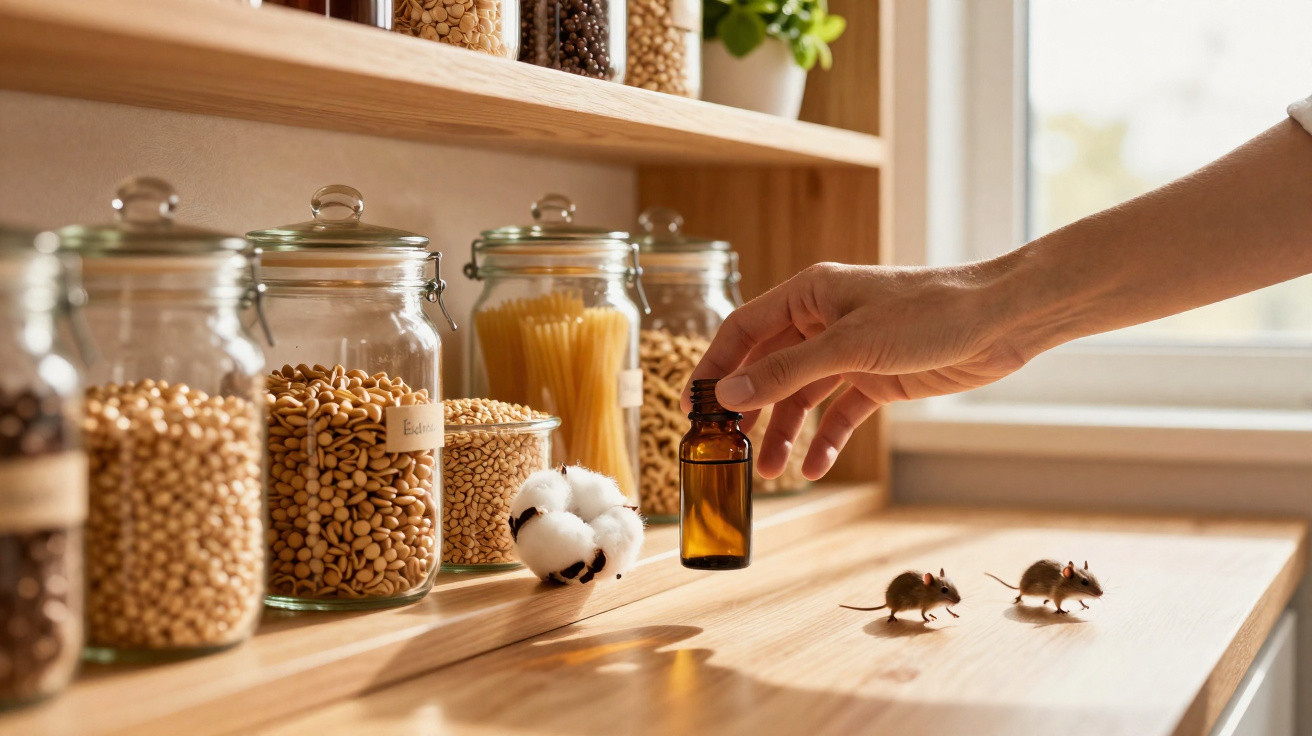 Mão segurando frasco âmbar perto de potes com alimentos e dois ratos sobre bancada de cozinha.
