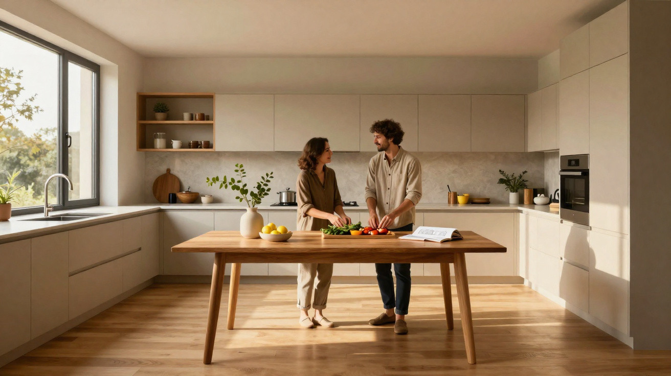 Casal cozinhando juntos em cozinha moderna clara com mesa de madeira e janela grande.