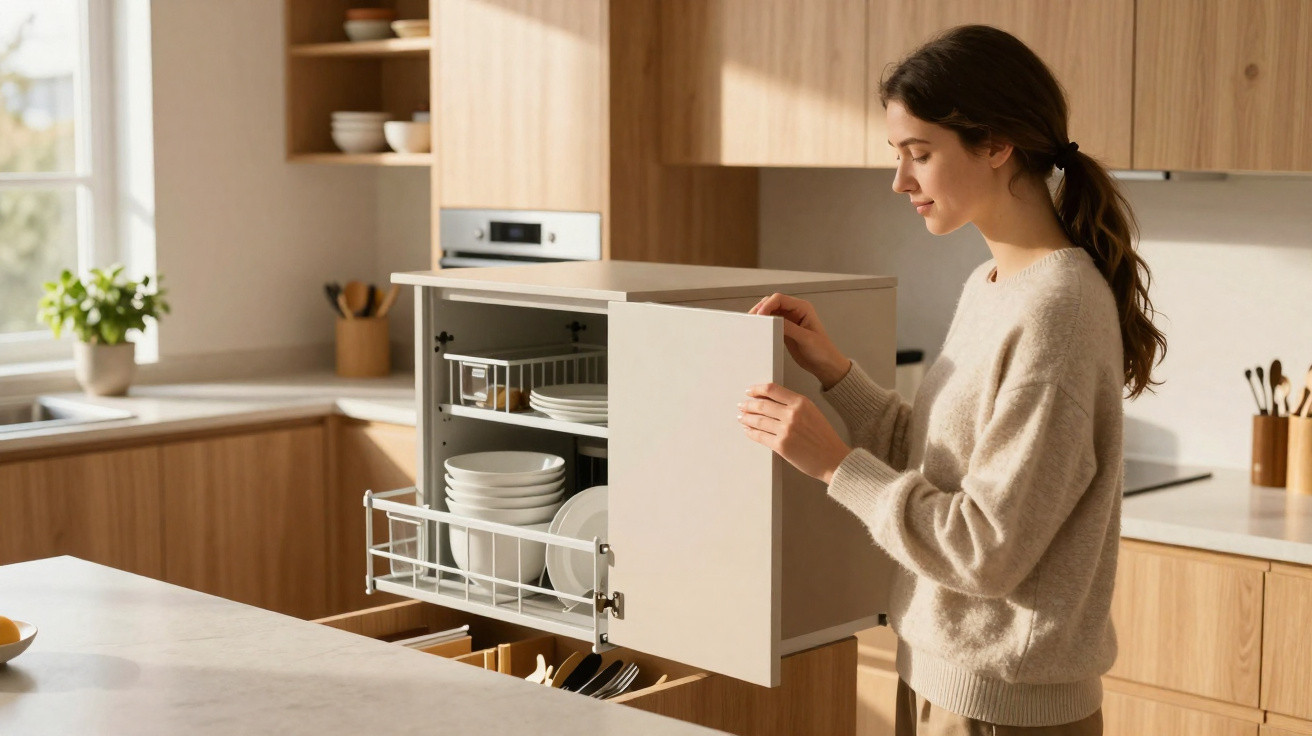 Mulher abrindo armário de cozinha branco com pratos em ambiente iluminado e moderno.