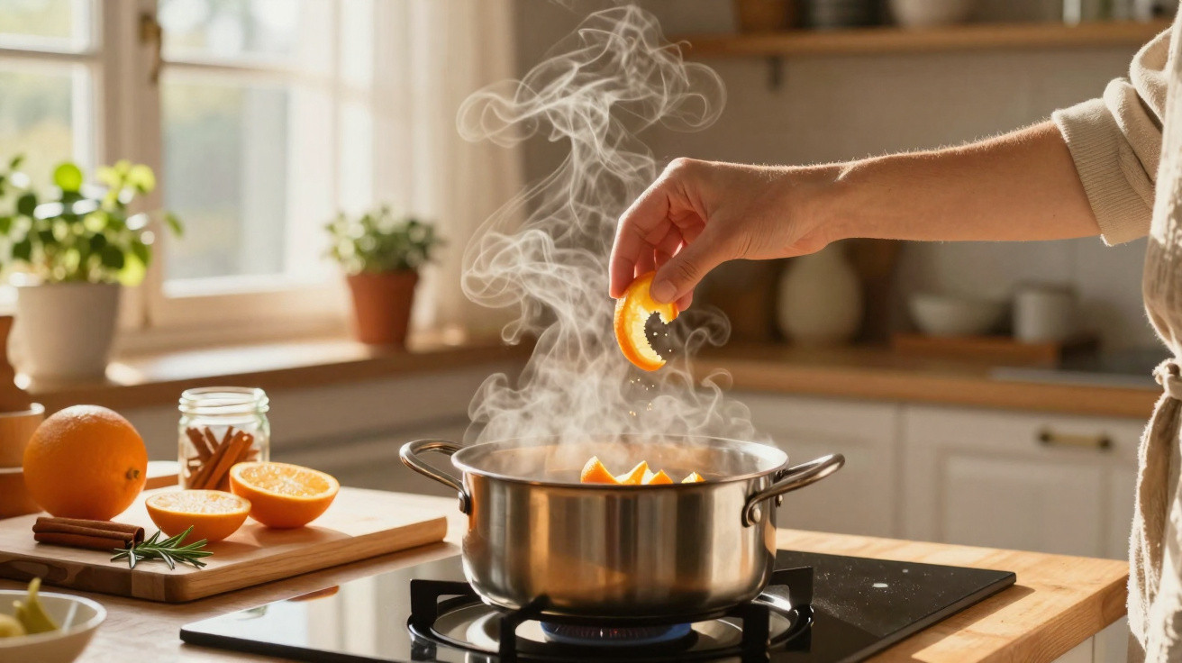 Pessoa adiciona fatia de laranja em panela com especiarias e vapor em fogão na cozinha iluminada.