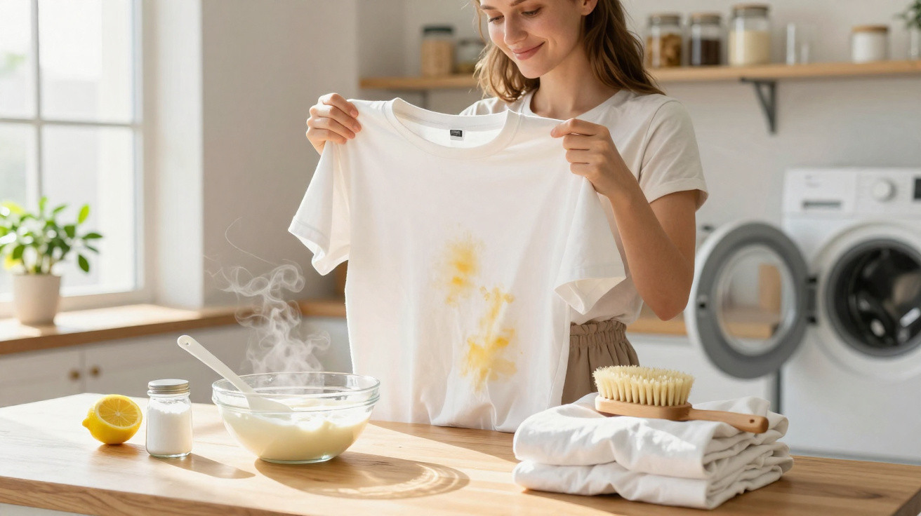 Mulher segurando camiseta branca com manchas amarelas, preparando solução caseira para limpeza na cozinha.