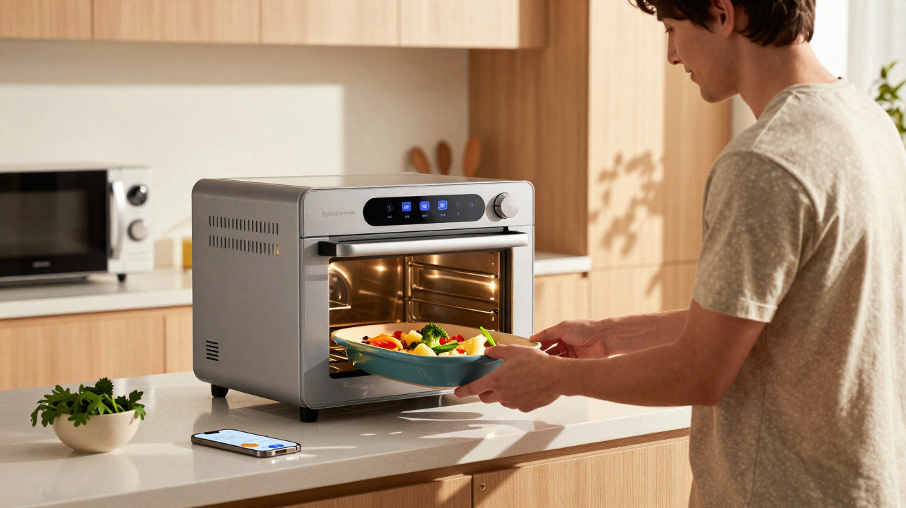 Homem retirando um prato com legumes do forno elétrico em cozinha moderna iluminada.