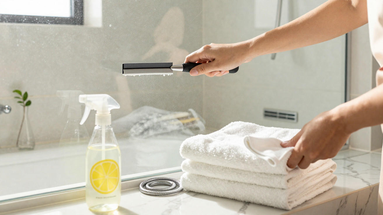 Pessoa limpando espelho de banheiro com rodo com toalhas brancas e frasco de spray ao lado.