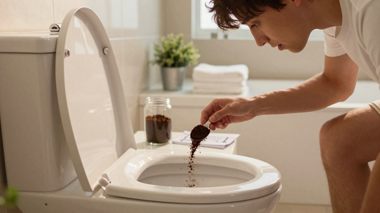 Homem jogando pó de café no vaso sanitário aberto em banheiro claro e organizado.