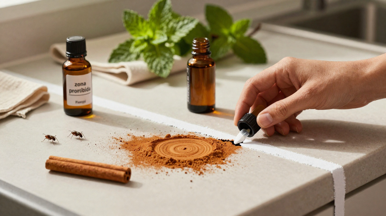 Mão usa frasco de óleo essencial para cercar área com pó de canela contra formigas em mesa clara com plantas.