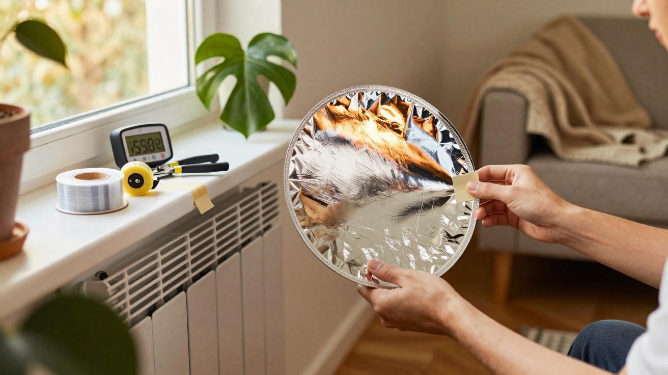 Pessoa segurando um dispositivo refletor redondo para medir eficiência de aquecimento em ambiente interno.