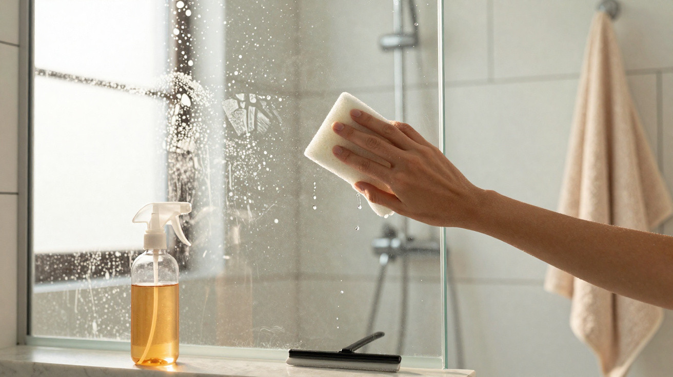 Mão limpa vidro do box do banheiro com esponja, ao lado frasco de spray com produto de limpeza.