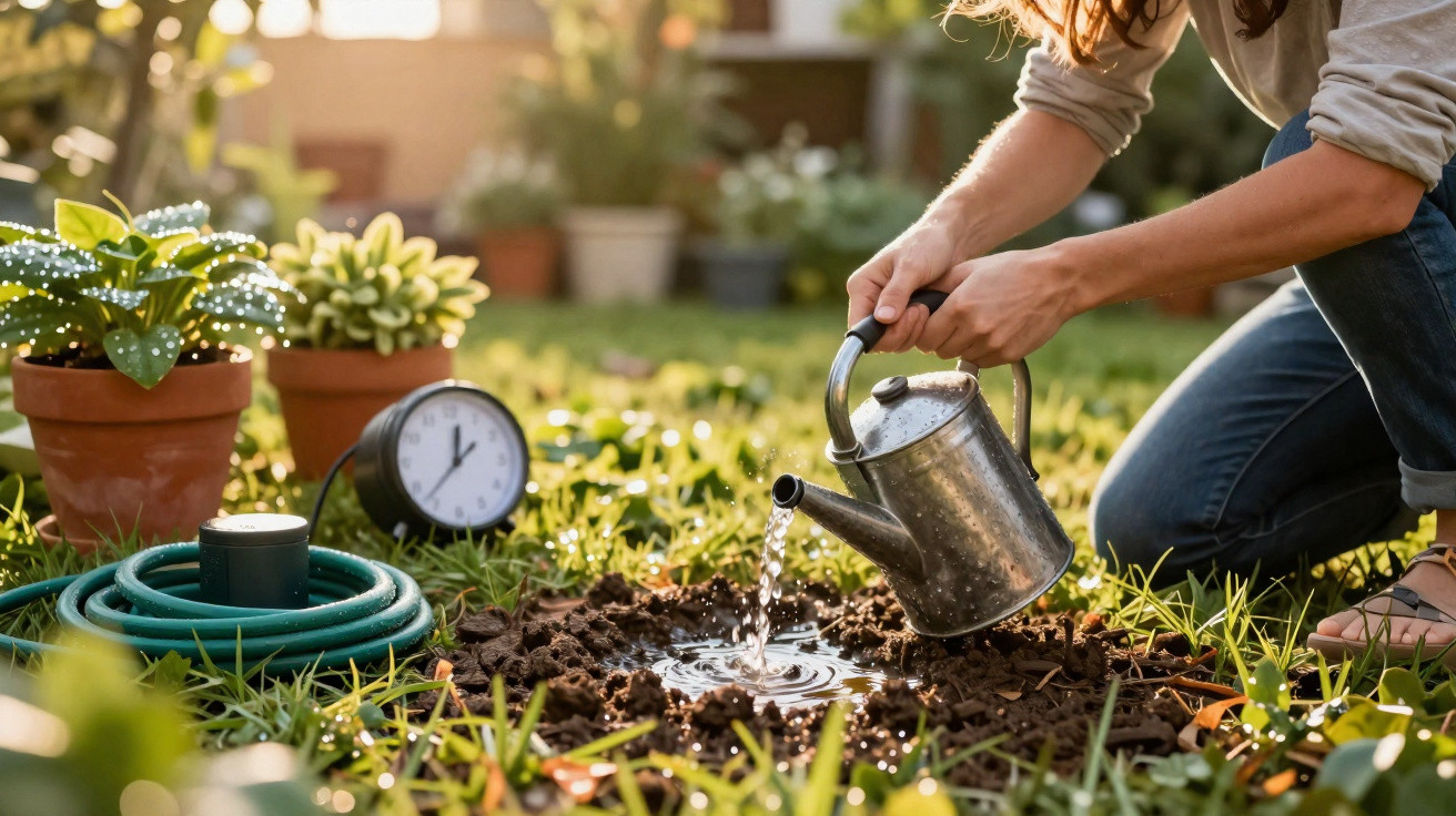 Pessoa regando a terra em jardim com regador de metal, ao lado plantas em vasos e um relógio preto.
