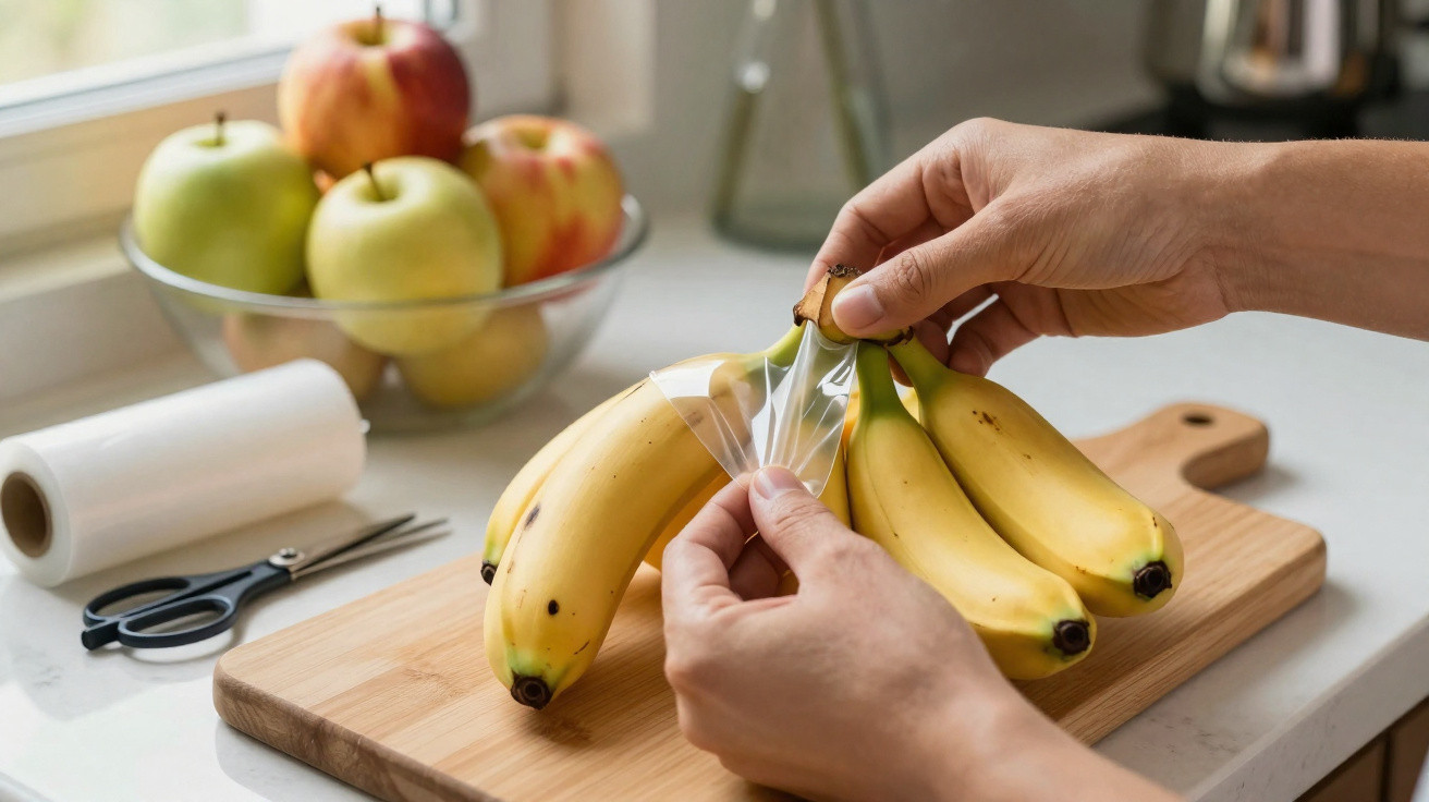 Mãos envolvendo um cacho de bananas com filme plástico sobre uma tábua de corte em uma cozinha.