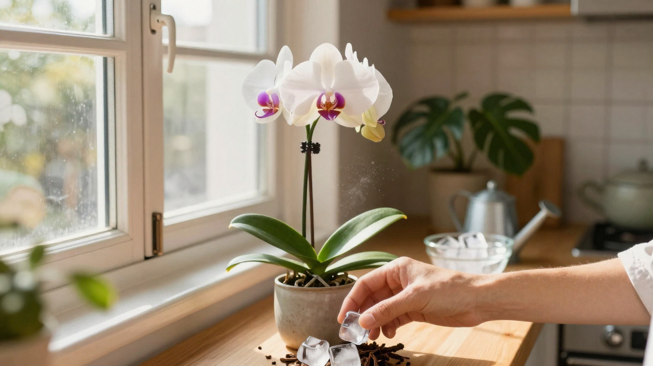Mão colocando cubos de gelo em vaso com orquídea branca, ao lado de janela em cozinha iluminada.