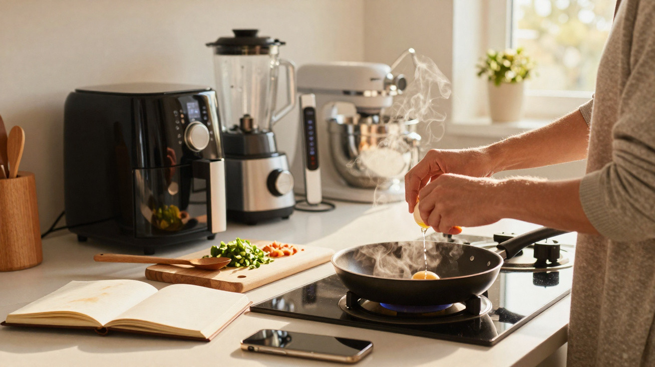 Pessoa quebrando ovos em frigideira quente em cozinha com eletrodomésticos e vegetais picados.