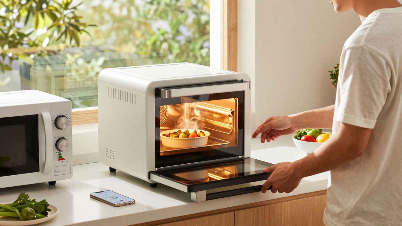Pessoa abrindo forno elétrico branco com prato de legumes assando em cozinha iluminada.