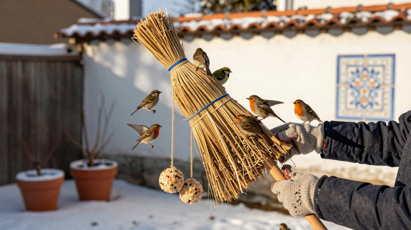 Pássaros pousados em uma vassoura de palha com bolinhas de comida penduradas, mãos com luvas segurando.