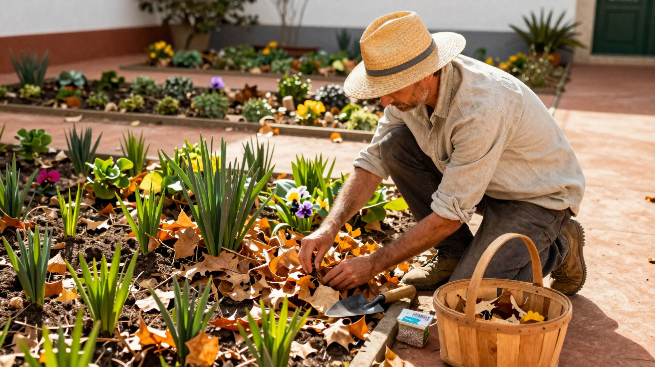 Homem de chapéu cuidando de plantas em jardim com folhas secas e flores coloridas.