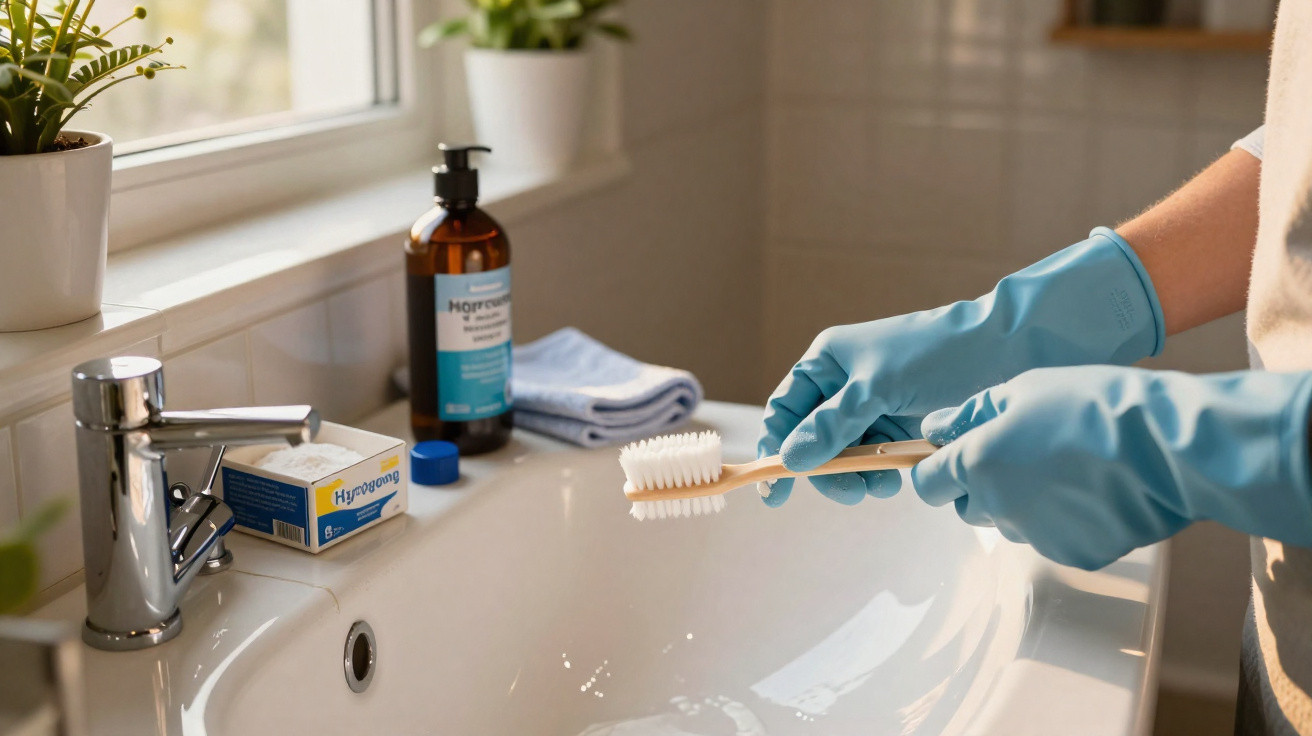 Pessoa com luvas azuis limpando pia branca com escova de dentes, ao lado de vasos de plantas e produtos de limpeza.
