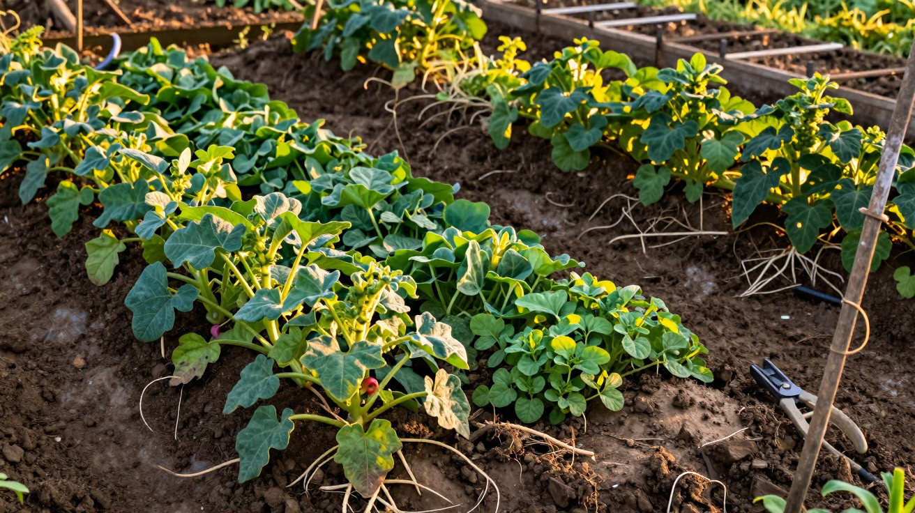 Plantações verdes em canteiros de terra fértil sob luz do sol no cultivo de horta caseira.
