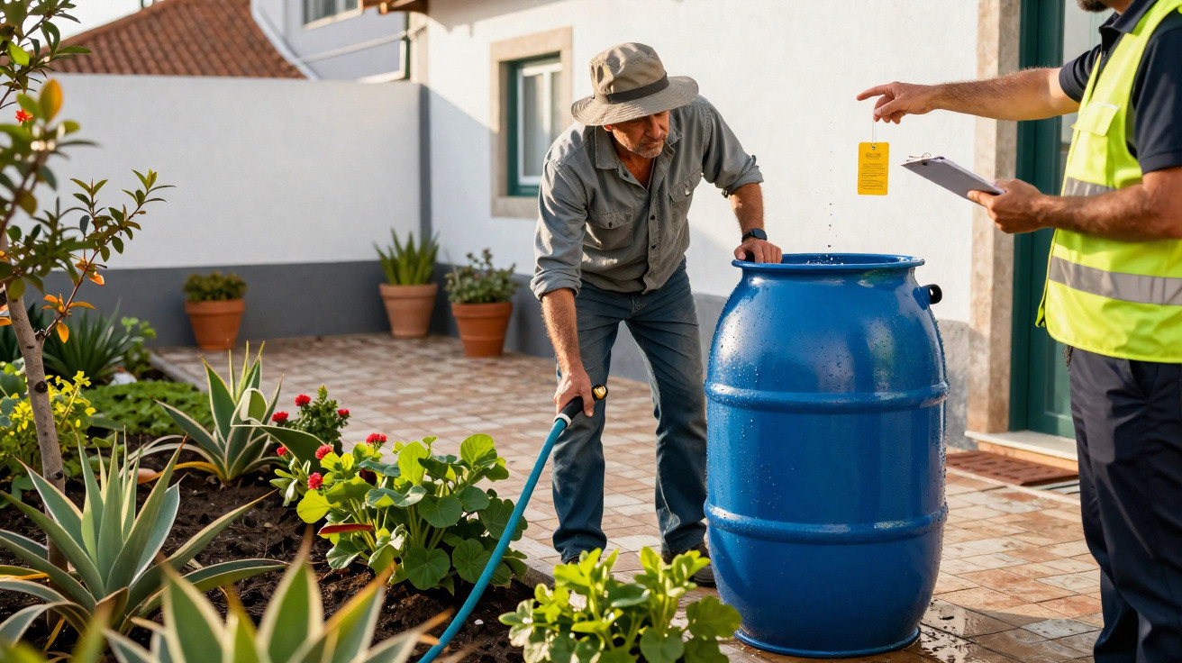 Homem regando plantas com mangueira ao lado de barril azul coletor de água em área externa.