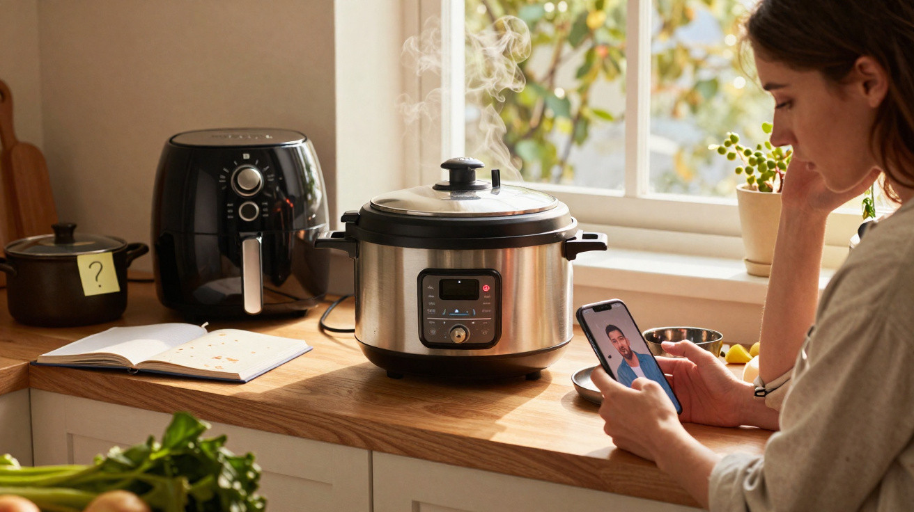 Mulher na cozinha com panela elétrica soltando vapor, olhando para celular, perto de uma fritadeira e livros.