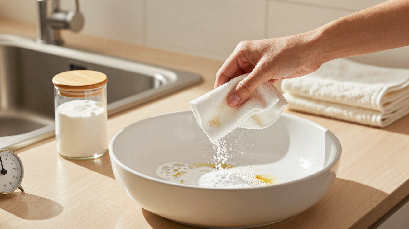Mão segurando pano branco e polvilhando farinha em tigela branca sobre bancada de madeira na cozinha.