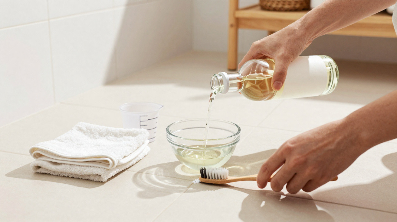 Pessoa segurando escova de dente de bambu e despejando líquido em bowl de vidro, toalhas brancas dobradas ao lado.