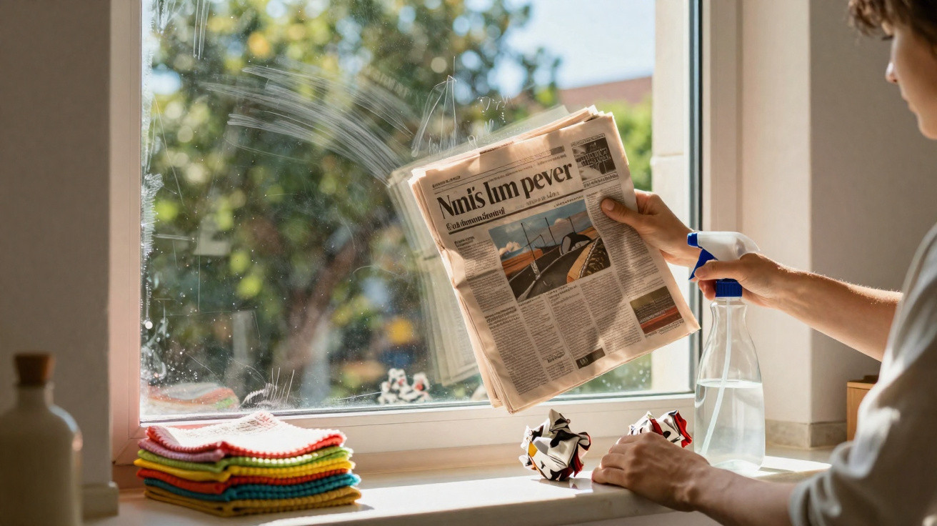 Pessoa limpando janela com jornal, pano colorido e borrifador em parapeito ensolarado.