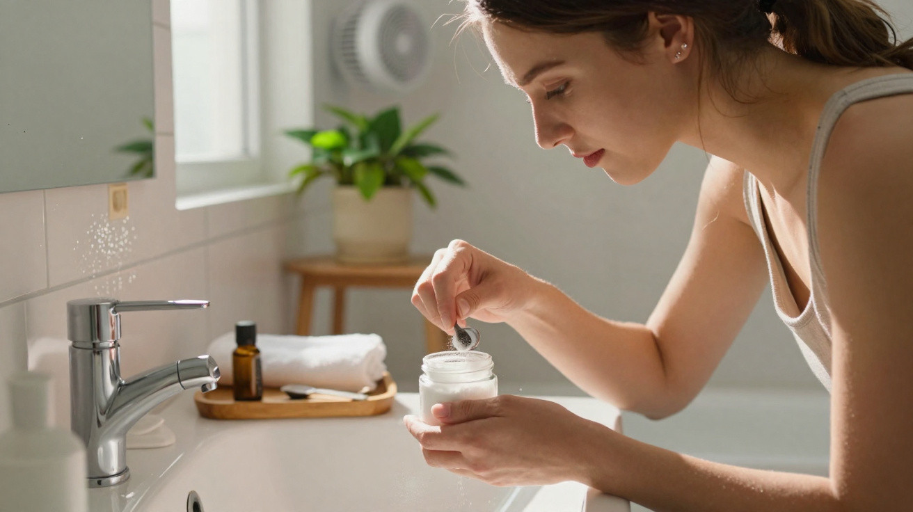 Mulher aplicando creme facial em ambiente de banheiro com plantas ao fundo.