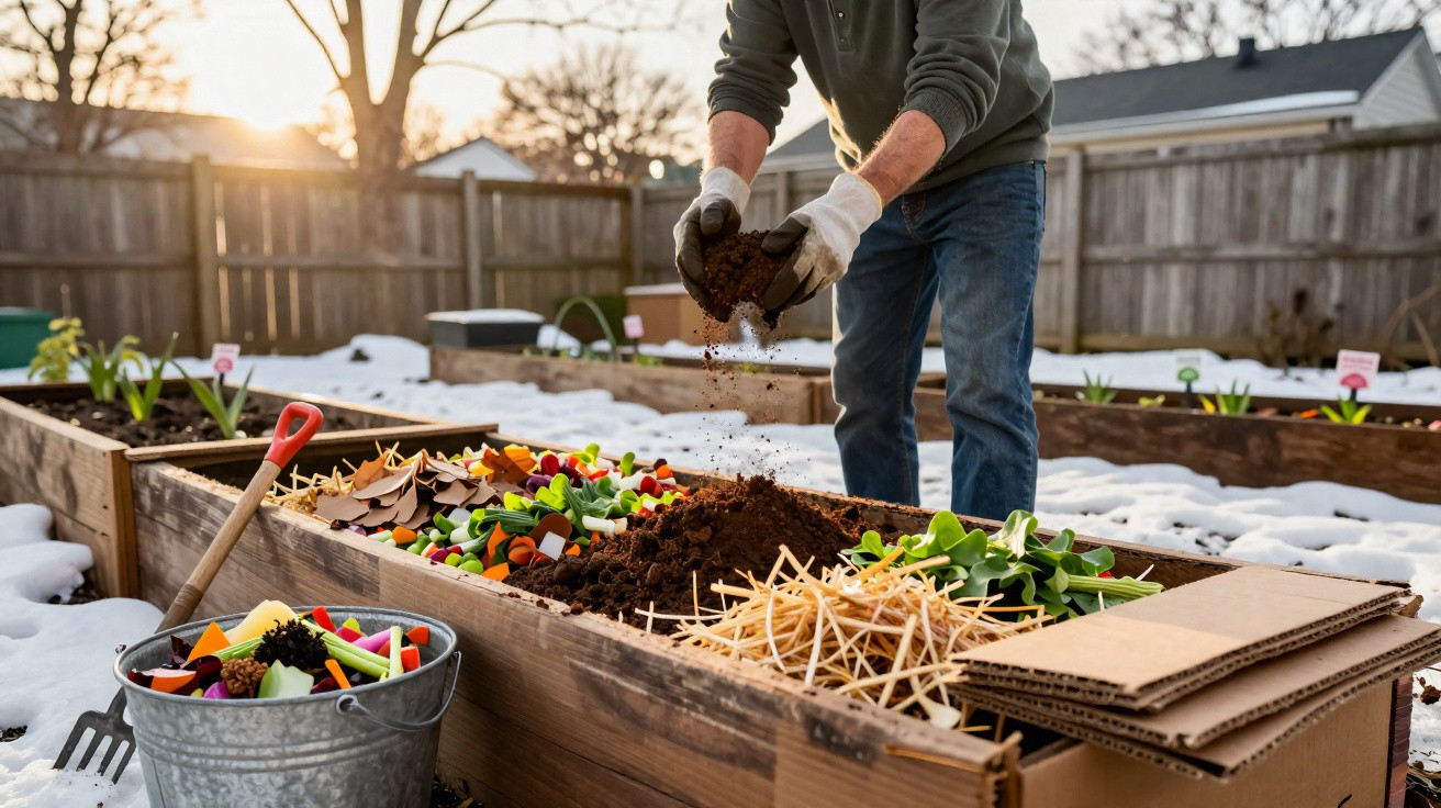 Pessoa colocando terra em canteiro com restos de vegetais e palha para compostagem no inverno.