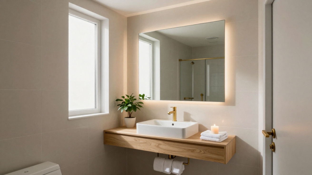 Banheiro moderno com pia, espelho iluminado, vaso sanitário, planta e decoração minimalista.