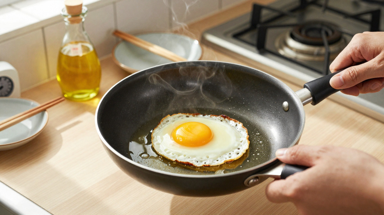 Ovo frito sendo preparado em frigideira preta com óleo em cozinha clara, com mãos segurando a frigideira.