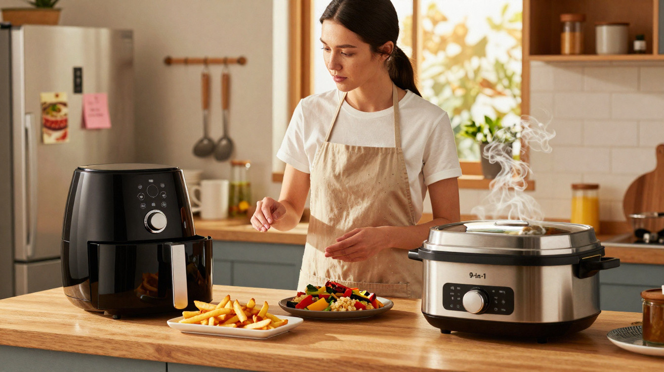 Mulher na cozinha preparando refeições com fritadeira elétrica e panela elétrica na bancada de madeira.
