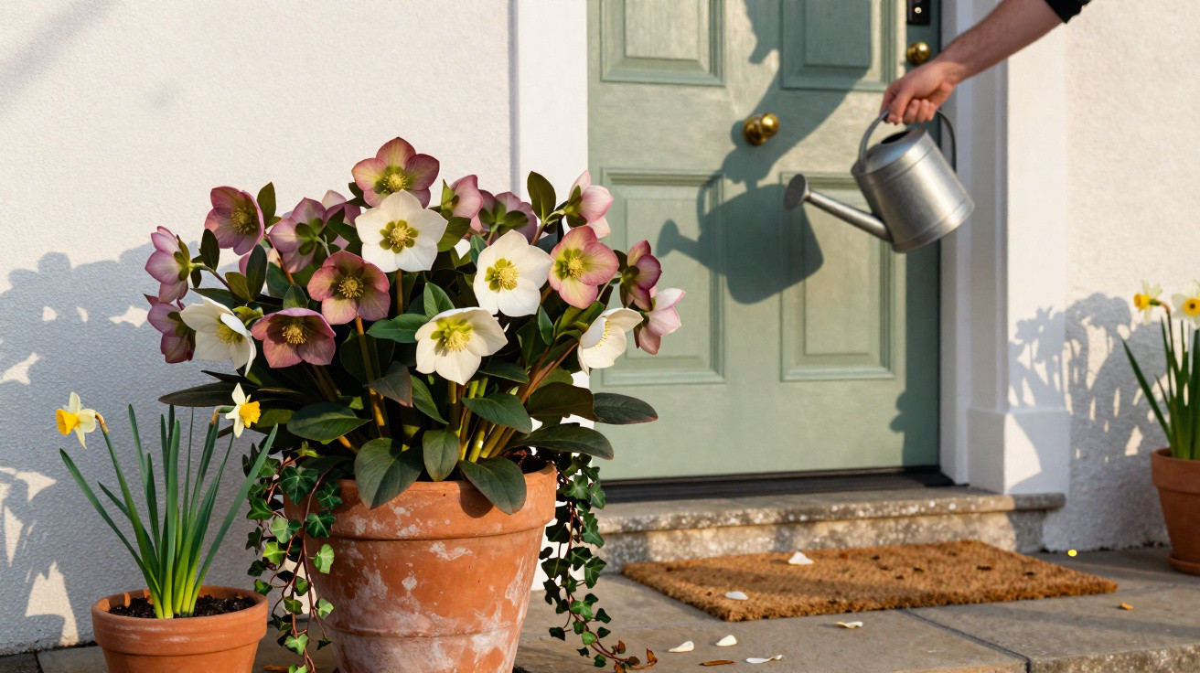 Pessoa regando flores em vasos de barro na entrada de uma casa com porta verde e tapete marrom.