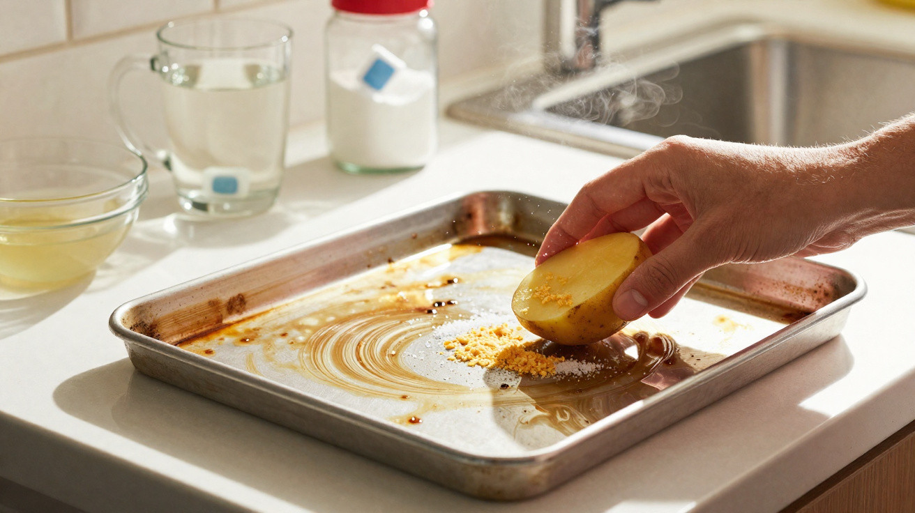 Mão esfregando batata cortada em forma de metade sobre assadeira com óleo e temperos na cozinha.