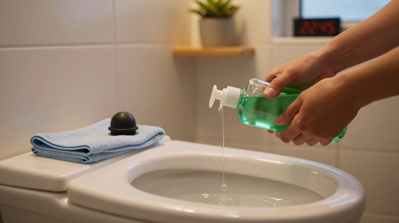 Pessoa despejando líquido verde em um vaso sanitário branco, toalha azul ao lado, banheiro iluminado.