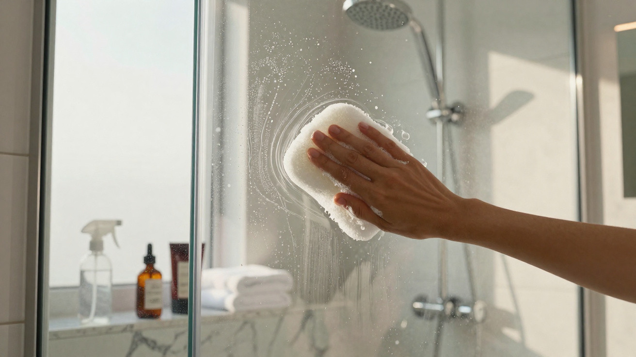 Mão limpa vidro do box do banheiro usando esponja com sabão, ducha e toalhas ao fundo.