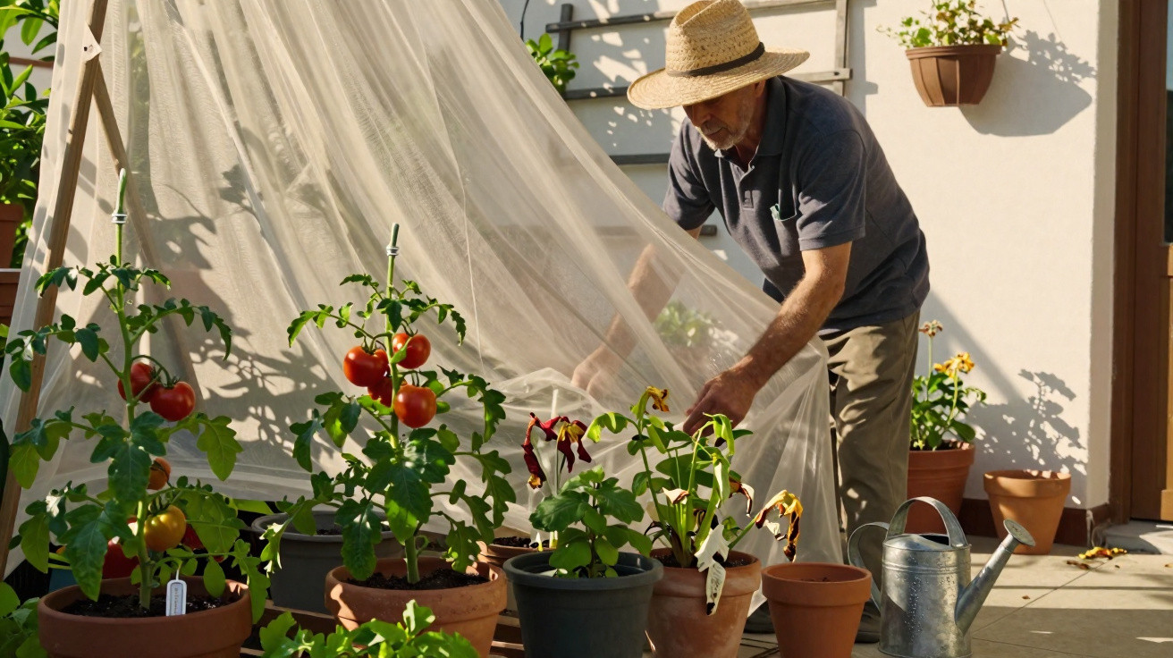 Homem com chapéu mexendo em plantas com tomateiros em vasos na varanda ensolarada.