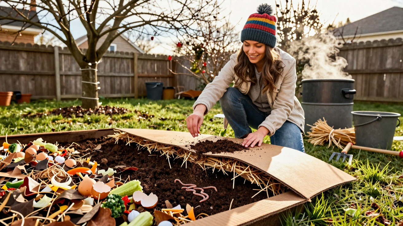 Jovem preparando compostagem em jardim com restos orgânicos e minhocas em área ao ar livre.