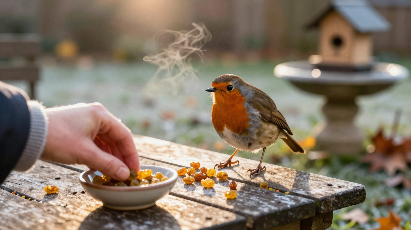 Pássaro com peito alaranjado em mesa de madeira no jardim recebendo comida da mão humana em manhã fria.