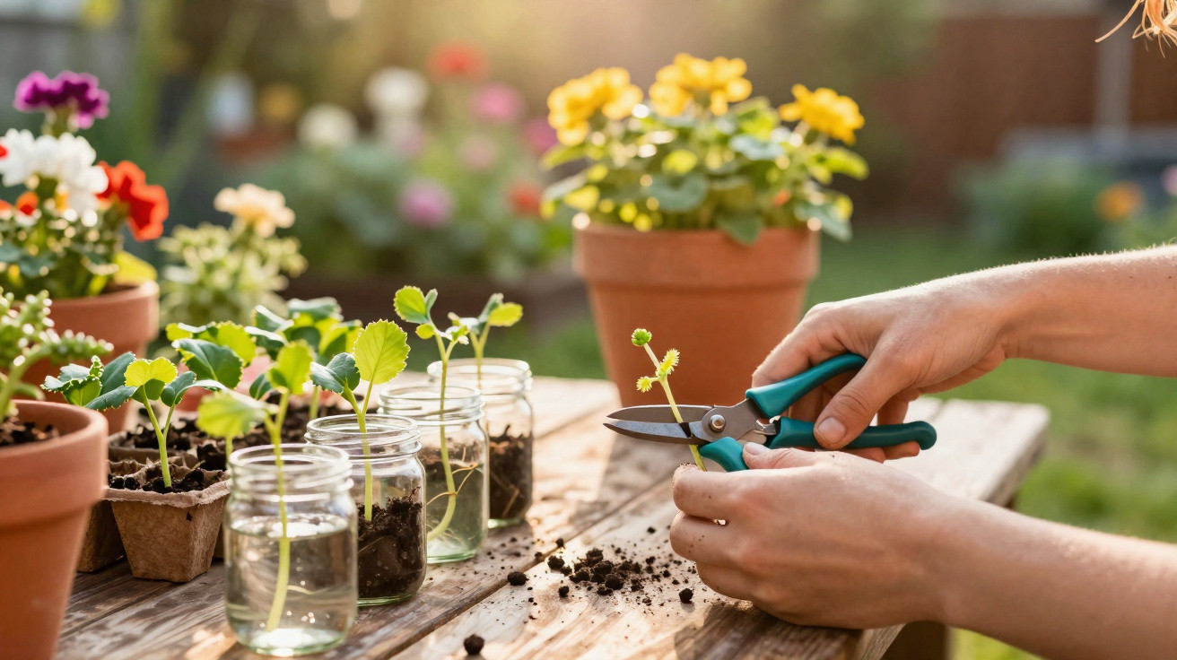 Mãos podando mudas com tesoura de jardinagem numa mesa com vasos e plantas ao fundo.