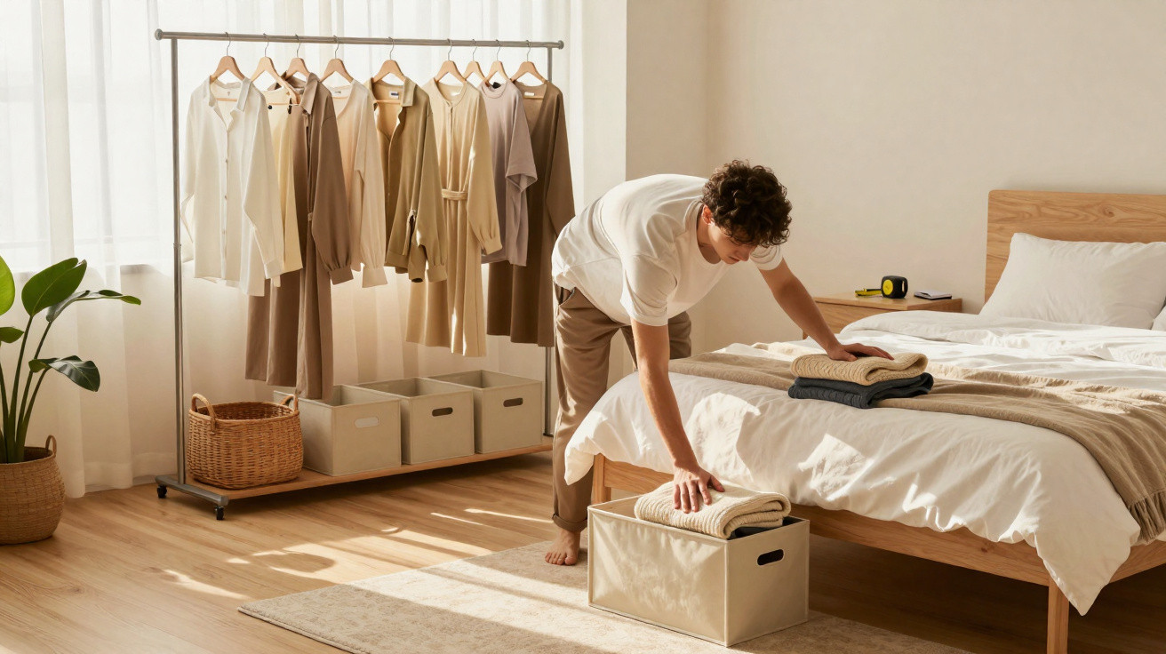 Homem arrumando roupas dobradas em um quarto minimalista com cabideiro e cama de madeira.