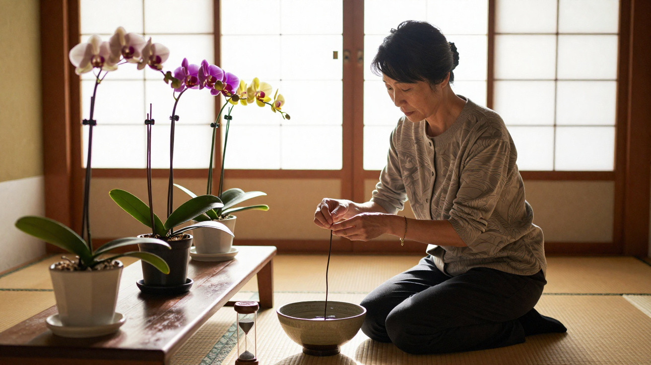 Mulher japonesa ajoelhada fazendo cerimônia do chá ao lado de orquídeas em sala tradicional.