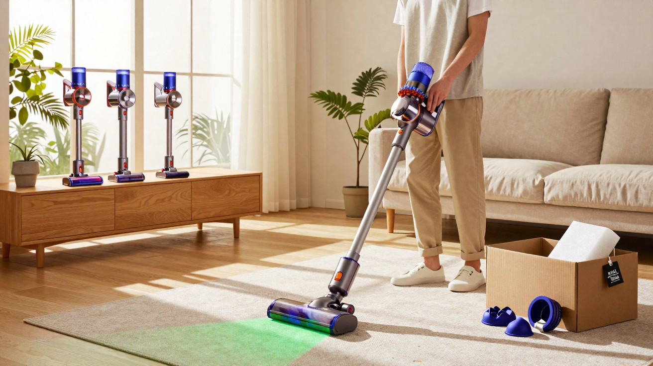 Pessoa usando aspirador sem fio para limpar tapete em sala iluminada com sofá e armário de madeira ao fundo.