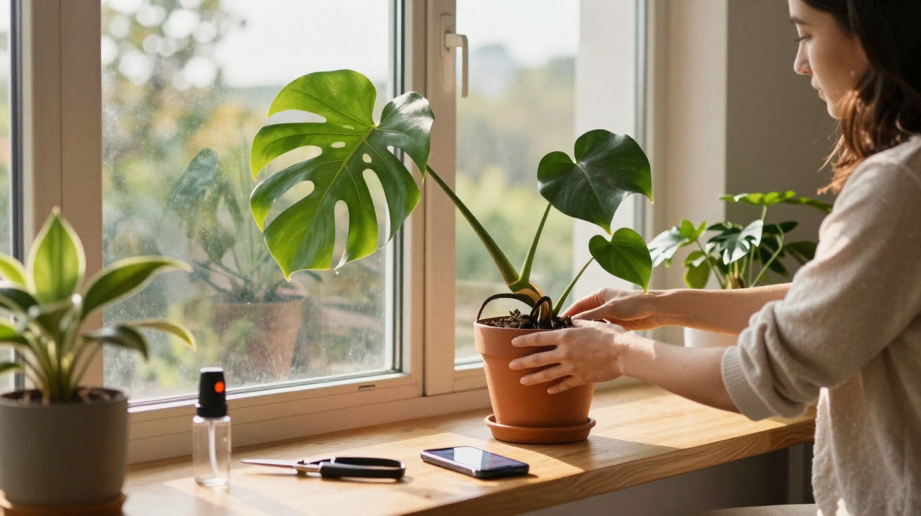 Mulher cuidando de planta em vaso perto de janela com outras plantas e objetos em mesa de madeira.