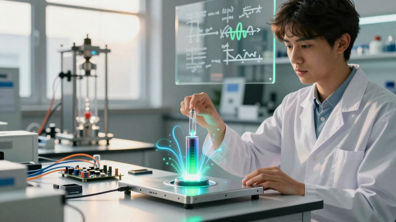 Jovem cientista em laboratório usando tecnologia futurista para experimentar com líquido luminoso em tubo de ensaio.